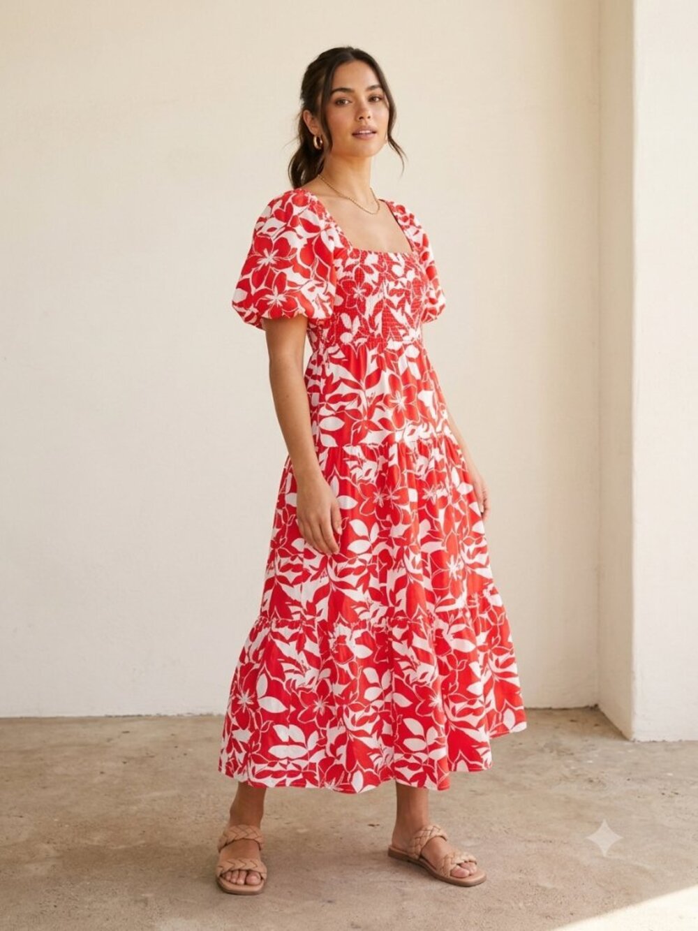 Meadow Rhodes S Red Floral Puff Sleeve Tiered Vacation Resort Dress 100% Cotton